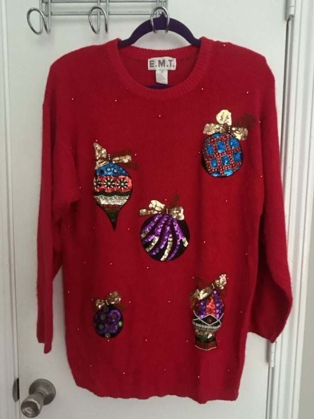E.M.T. Vintage Women's Red Holiday Sweater with Sequin and Beaded Ornaments